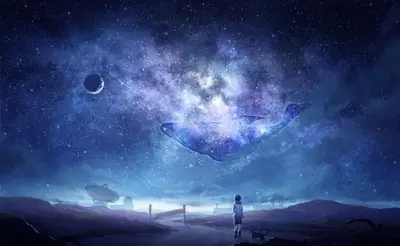 Starry night scene, lone boy watches whale constellation