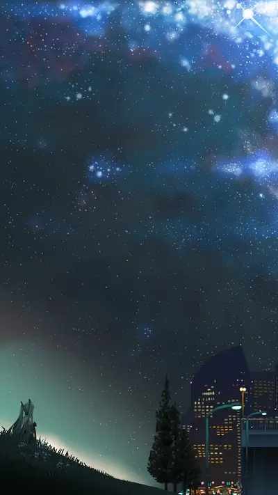 Starry night sky over city, with figure on a hill