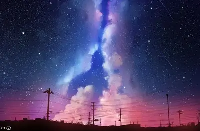 Starry night sky with bright nebula, power lines, utility poles at dusk