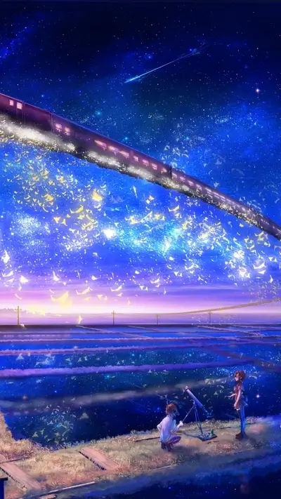Starry night, train, two figures with telescope