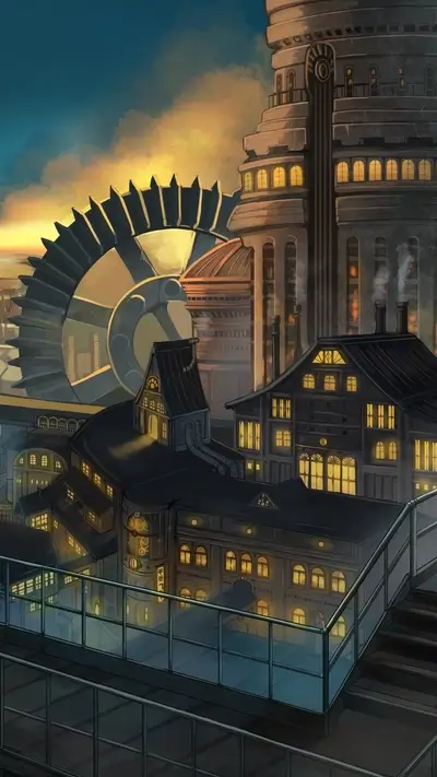 Steampunk city at sunset, detailed architecture