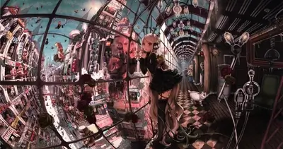 Steampunk city landscape with a girl in a black dress