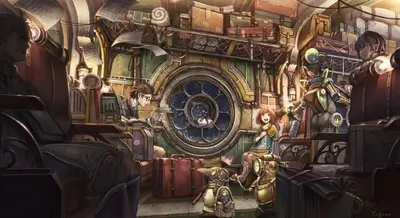 Steampunk train carriage passengers