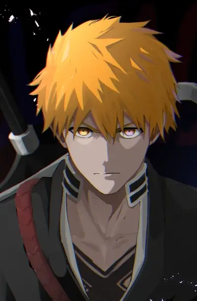 Stern-faced bleach character close-up looking directly ahead, intense gaze