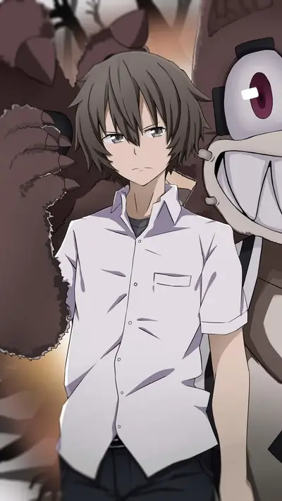 Stern-faced young man standing alongside monstrous characters, expressionless gaze.