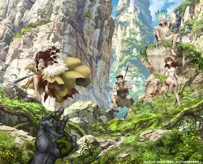 Stone Age characters in a rocky landscape