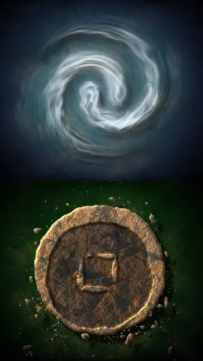 Stone tablet with symbol and swirling mist