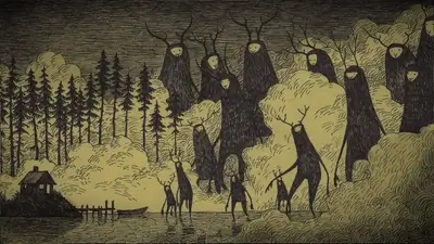 Strange creatures in a forest by a lake at night