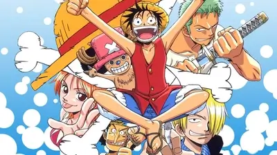 Straw Hat Pirates cheerful group pose on blue bubble background