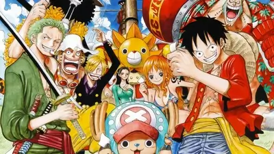 Straw Hat Pirates crew standing together in cheerful group artwork