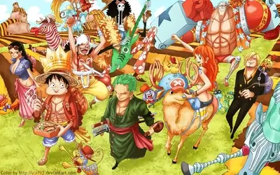Straw Hat Pirates gather with smiles in a field on a sunny day