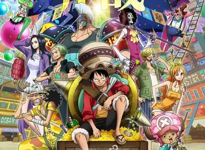 Straw Hat Pirates gathered together surrounded by treasure and festival decorations
