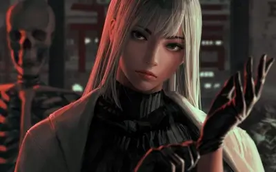 Striking woman with glowing eyes, wearing black gloves in a dark, eerie setting