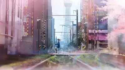 Student cycling in city, towering structure far