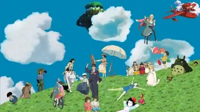 Studio Ghibli characters in a whimsical landscape