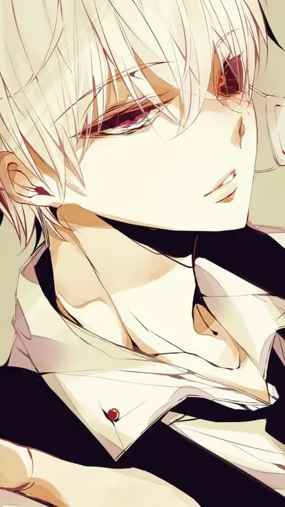 Stylish anime boy with white hair and red eyes