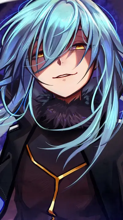 Stylish anime character portrait, blue hair, dark clothing