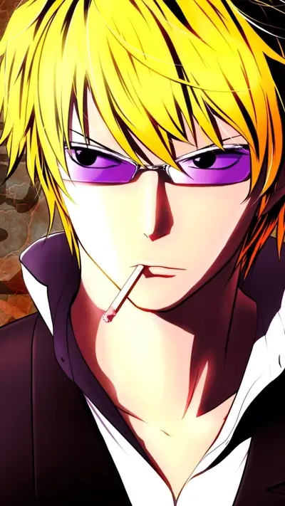 Stylish anime character with blond hair, purple glasses, and cigarette