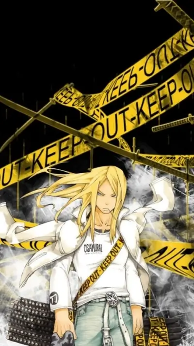 Stylish anime character with yellow caution tape