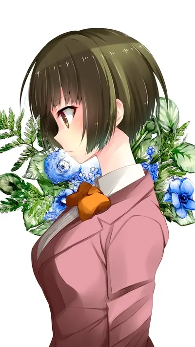 Stylish anime girl in pink jacket, floral background