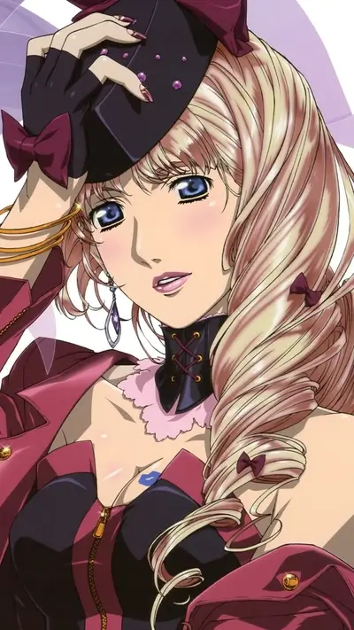 Stylish anime girl with flowing blonde hair and captivating blue eyes