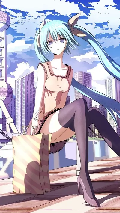 Stylish anime girl with long blue hair on a shopping day