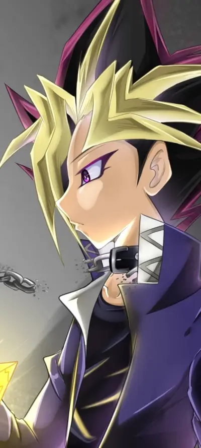 Stylish character with spiky hair, purple jacket, and a broken chain