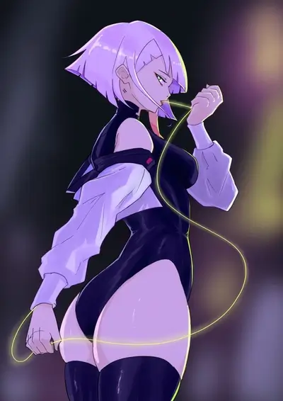 Stylish girl with lilac hair holds glowing string