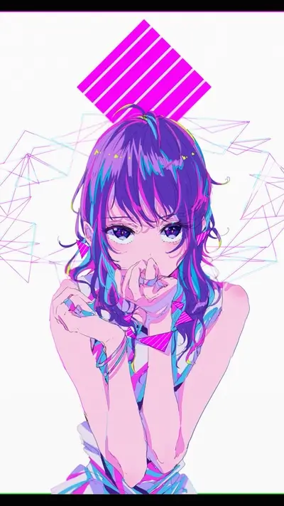 Stylish girl with vibrant purple hair, geometric background