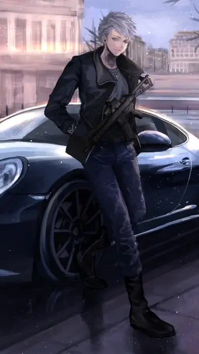 Stylish man with gun near a car