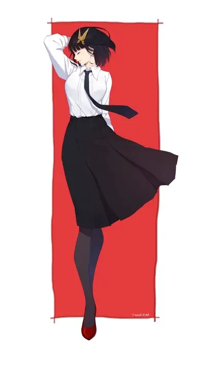 Stylish woman in a white shirt and black skirt stands against a red background
