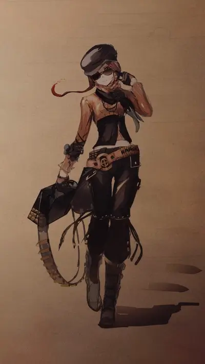 Stylish woman in steampunk attire stands with a whip-like weapon