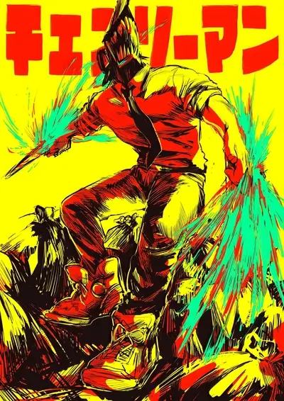 Stylized illustration of a character in a red suit, wielding energy