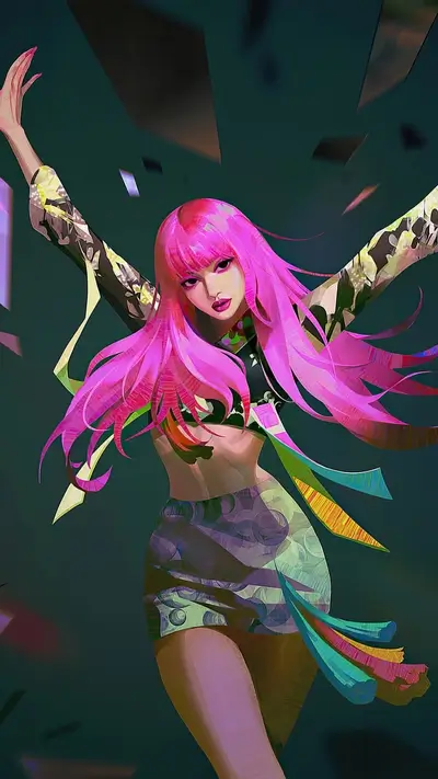 Stylized illustration of a woman with pink hair and colorful clothing