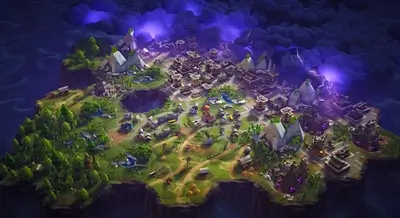 Stylized island city under a stormy sky