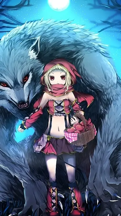 Stylized Little Red Riding Hood and wolf in fantasy forest