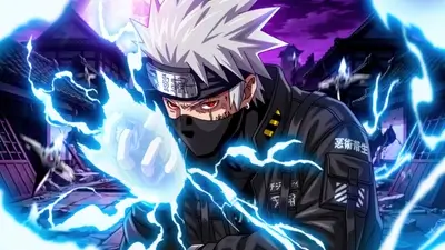 Stylized ninja with silver hair using lightning technique in a purple urban environment at night