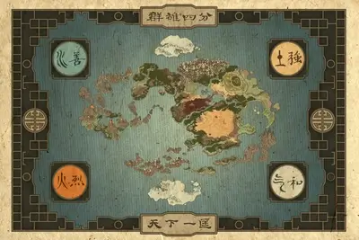 Stylized world map with four nations and Chinese characters
