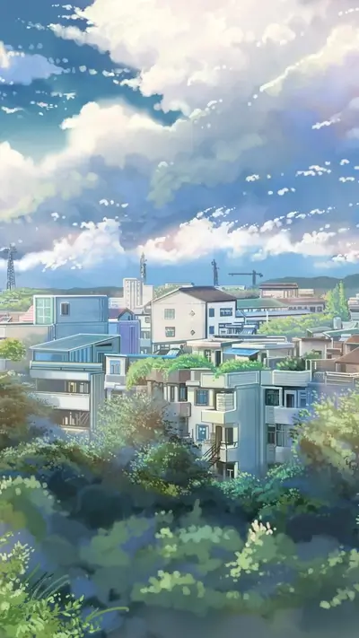 Suburban cityscape under a cloudy sky