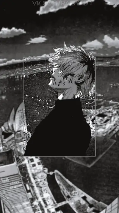 Suffering male character looking up, with bloody face and dark clothing in city landscape