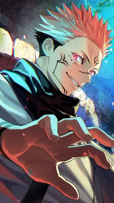 Sukuna in a dynamic pose, menacing smile, offering a hand