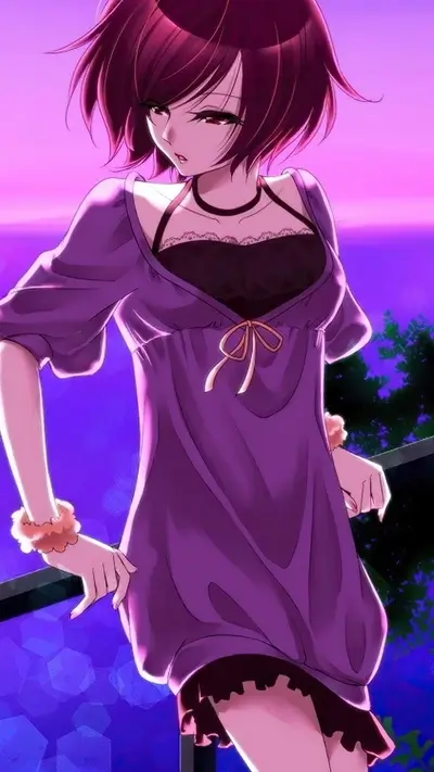 Sultry anime girl leaning on railing, wearing purple dress, with violet sky