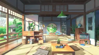 Sunlit Japanese-style room with tatami mats and books