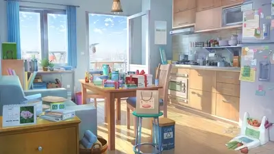 Sunny apartment kitchen with birthday gifts and groceries