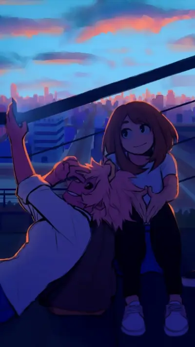 Sunset city view, two girls sitting on a railing