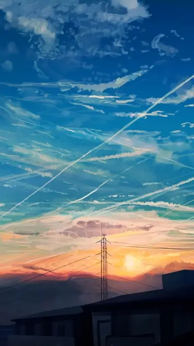 Sunset city view with contrails