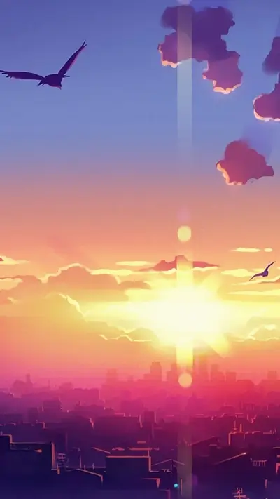 Sunset cityscape with birds flying