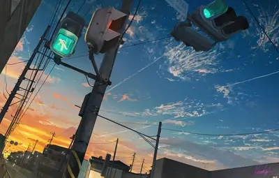 Sunset cityscape with traffic lights