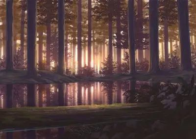 Sunset in a forest reflected in a still pond
