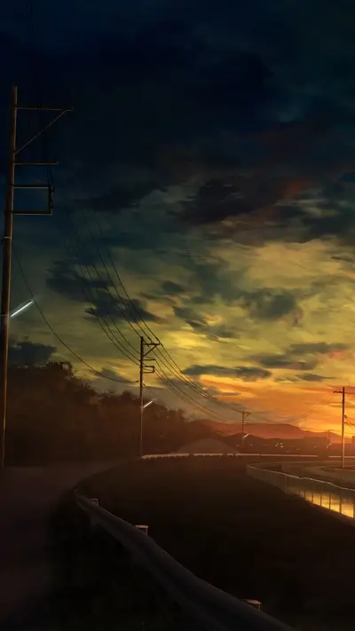 Sunset on rural route, telephone poles and power lines, evening glow